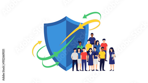 Flat illustration of a diverse group of people standing in front of a large blue shield with colorful arrows on a white background.