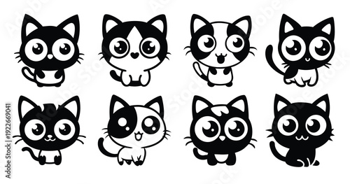 nine cartoon cats with exaggerated eyes and playful postures