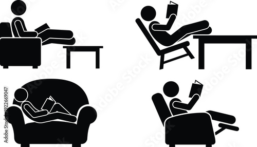 Relaxing Reading Silhouette Set Featuring People Reading Books on Sofa, Armchair and Couch Illustrating Comfortable Leisure Lifestyle and Home Relaxation