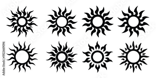 nine black sun variations are displayed in a grid pattern