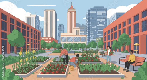 Urban Community Garden: Sustainable Farming and Local Food Production in a Modern City Landscape. Diverse People Planting and Harvesting Vegetables.