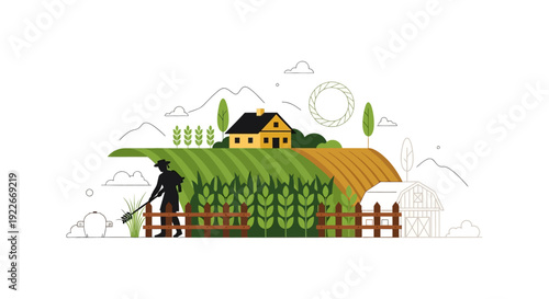 Flat Design Vector Illustration of Farmer Working in Crop Field with Farmhouse and Barn. Agricultural Labor and Rural Landscape Concept.