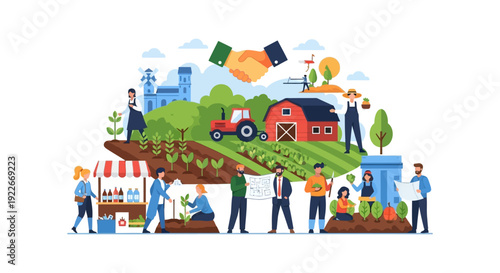 Sustainable Agriculture Business Ecosystem: Farmers, Investors, and Supply Chain Partnership Flat Vector Illustration