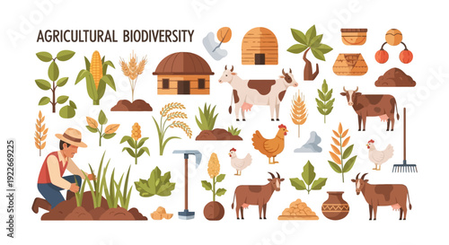 Agricultural Biodiversity Icon Collection. Flat Vector Illustration of Sustainable Farming, Diverse Crops, and Livestock.