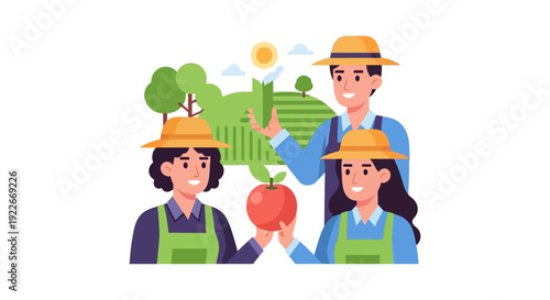 Happy Farming Family Holding Fresh Apple. Agricultural Teamwork and Organic Harvest Concept Vector Illustration.