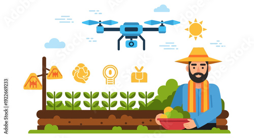 Smart Agriculture Concept: Farmer, Drone, and IoT Technology Monitoring Crop Health for Precision Farming.