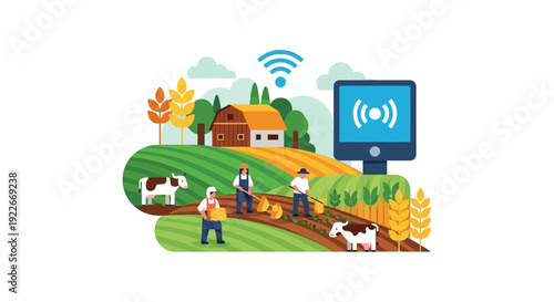 Digital Agriculture Concept: Farmers Working in Smart Farm Fields with Cows, Barn, and Wireless Internet Monitoring System.