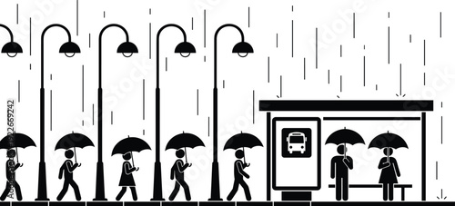 Rainy city street silhouette illustration with pedestrians carrying umbrellas near bus stop, urban transportation, public commute and wet weather lifestyle conceptRainy city street 