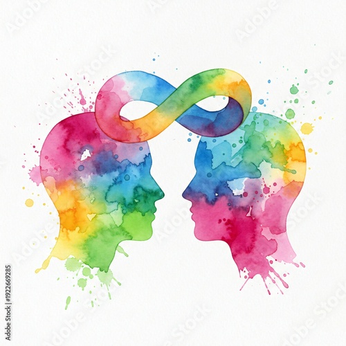 Connessione infinita: due profili ad acquerello e simbolo dell'infinito