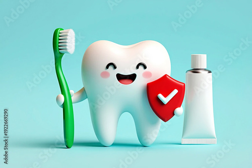 Eco-friendly dental treatment Happy cartoon tooth character holding toothbrush and shield with 1