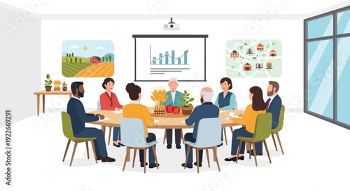 Agricultural Business Strategy Meeting: Diverse Team Planning Food Supply Chain, Sustainability, and Community Investment