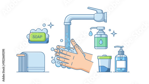 Illustration of a hand under a running faucet with soap, towel, and hygiene products on a clean white background.