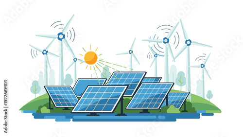 Illustration of solar panels and wind turbines on a green hill with sun, representing renewable energy and sustainable power generation.
