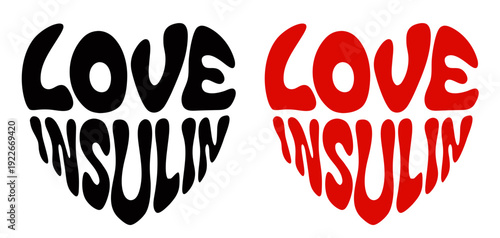 Heart-shaped sticker set featuring "LOVE INSULIN" in colorful and black design for body hormones health