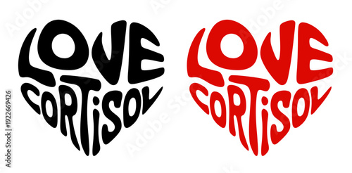  Heart-shaped sticker set featuring "LOVE CORTISOL" in colorful and black design for body hormones health