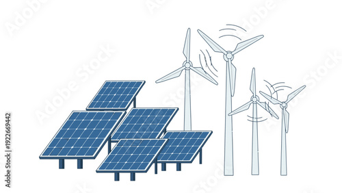 Illustration of solar panels and wind turbines on a white background, showcasing renewable energy sources in a simple line drawing style.