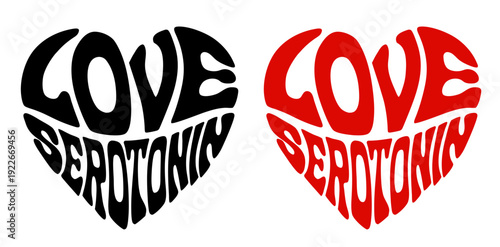 Heart-shaped sticker set featuring "LOVE SEROTONIN" in colorful and black design for body hormones health