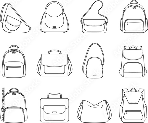 Handbag and backpack outline illustration set, women fashion bag collection, purse shoulder tote designs, minimal line art, isolated white background