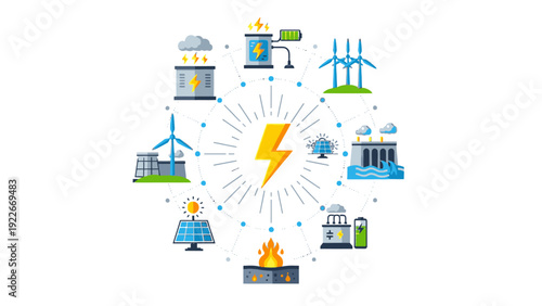Infographic illustration of various sustainable energy sources and power generation methods connected to a central lightning bolt symbol on a white background with blue and green icons.