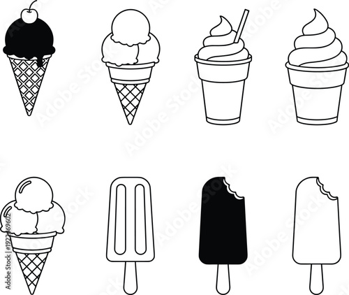 Ice cream dessert icons set, black and white outline illustration showing cone popsicle soft serve frozen sweet treat collection