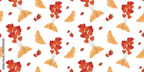 Romantic seamless pattern with croissants, strawberries and hearts