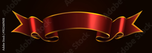 Luxurious Red Ribbon Banner with Golden Trim on a dark background, perfect for promotions or labels. Vector illustration.