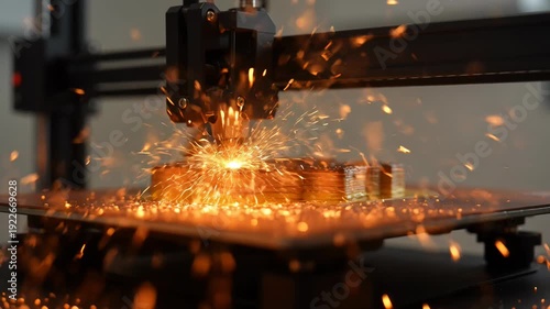 Industrial metal 3D printing machine in action sparks flying everywhere