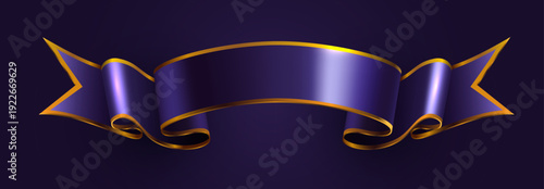 Elegant shiny purple ribbon banner with golden trim on a dark background. Vector illustration.