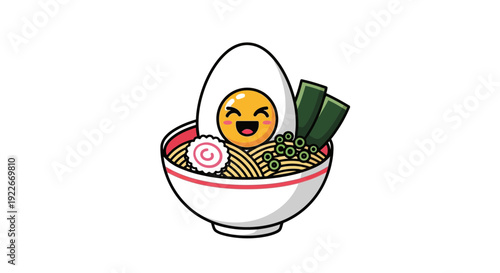 Cartoon ramen bowl with boiled egg and seaweed isolated on white