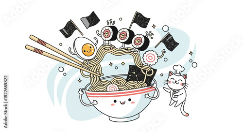 Cartoon ramen bowl with animated ingredients and cheerful chef cat