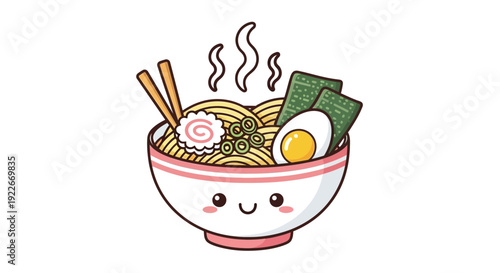 Cartoon ramen bowl with chopsticks and smiling face isolated on white