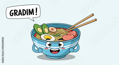 Cartoon ramen bowl with chopsticks and smiling face on light blue background