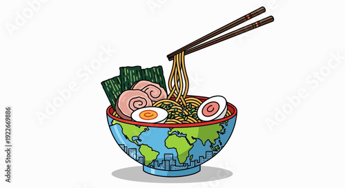 Cartoon ramen bowl with chopsticks and world design isolated on white