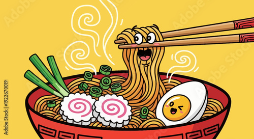 Cartoon ramen bowl with chopsticks lifting noodles against yellow background