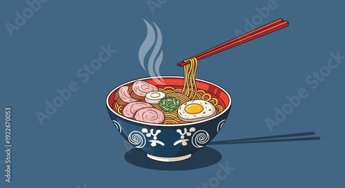 Cartoon ramen bowl with chopsticks on blue background graphic illustration