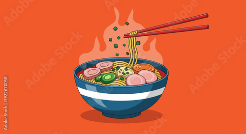 Cartoon ramen bowl with chopsticks on orange background vector illustration