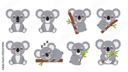 Eight cartoon koalas in various poses with eucalyptus leaves on a white background, showcasing different emotions and actions in a digital illustration.