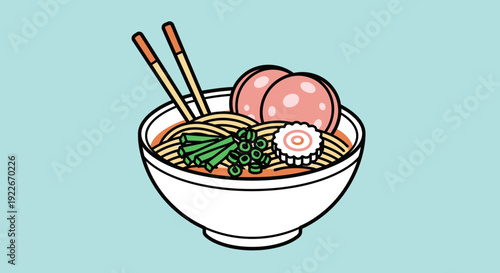 Cartoon ramen bowl with noodles chopsticks and toppings on pastel background