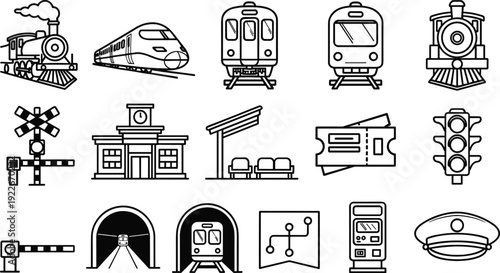 Collection of black and white railway transportation icons, train travel symbols including locomotive, station, ticket machine, route map, safety, infrastructure, and passenger services, vector 