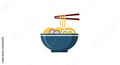 Cartoon ramen bowl with noodles and chopsticks isolated on white background