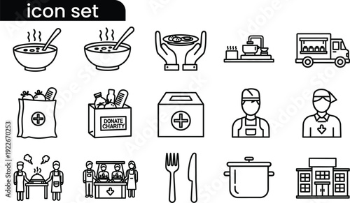 Food bank and meal delivery icon set for charity and community support