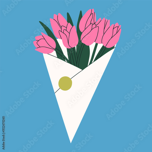 Vector illustration of a bouquet of pink tulips. Perfect for spring greeting cards, floral shop branding, wedding invitations and romantic designs.
