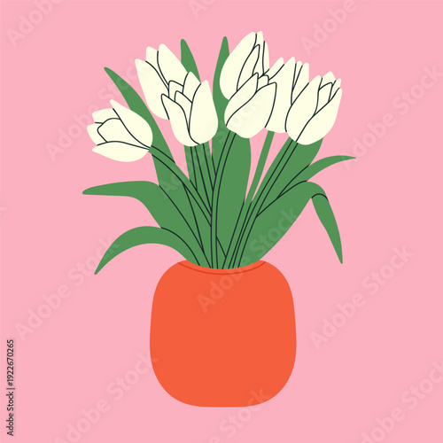 Vector illustration of a bouquet of white tulips arranged in a classic vase. Perfect for home decor catalogs, floral shop branding, wedding stationery, or minimalist interior design concepts.