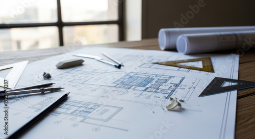 Architectural blueprints with drafting tools on a wooden desk