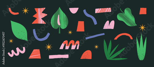 Trendy vector collection of design elements including stars, geometric shapes, and tropical plants (monstera, palm leaves etc). For modern branding, summer-themed invitations, or bohemian-style design