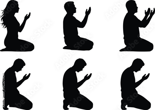 People Praying Silhouette Collection Showing Kneeling Worship, Spiritual Devotion, Faith Expression and Religious Prayer Gesture Concept Illustration Set