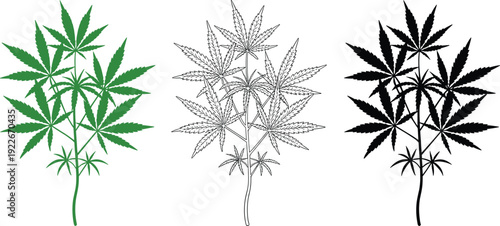 Cannabis plant leaf illustration set in green outline and silhouette styles, medicinal marijuana botanical vector isolated on white background