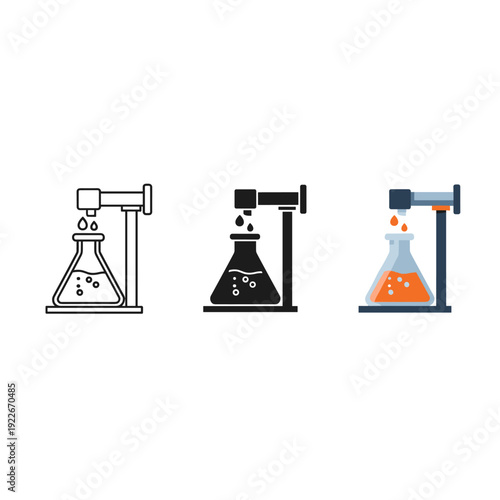 Three laboratory flasks in different colors and styles. Vector