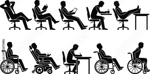Office Worker and Wheelchair User Silhouette Set Showing Workplace Activities, Relaxation, Productivity, Accessibility and Inclusive Lifestyle Concepts Illustration