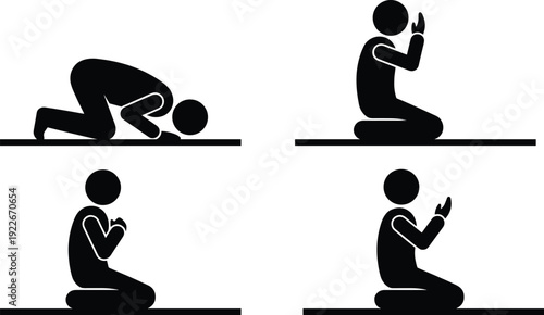 Muslim Prayer Silhouette Set Showing Islamic Salah Positions Including Prostration, Kneeling and Dua Gesture Representing Spiritual Worship and Religious Practice